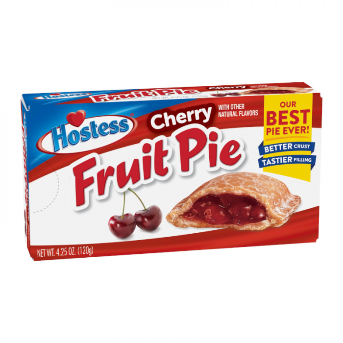 Front of Hostess Cherry Fruit Pie box featuring the logo, cherry flavour label, and an image of the pie with cherry filling (120g pack)