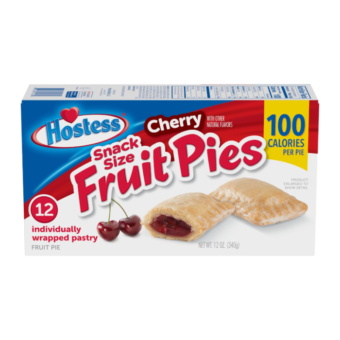 Front of Hostess Cherry Fruit Pie Snack Size box showing brand logo, cherry flavour label, and image of pastries (12 pack, 340g)