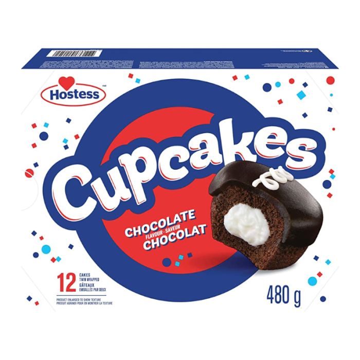 Front of Hostess Chocolate Cupcakes box featuring the logo, chocolate flavour label, and an image of the cupcake (12 pack, 480g).