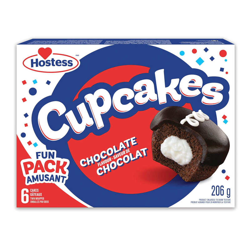 Front of Hostess Chocolate Cupcakes box displaying logo, chocolate flavour label, and a cupcake with cream filling (6 pack, 206g)