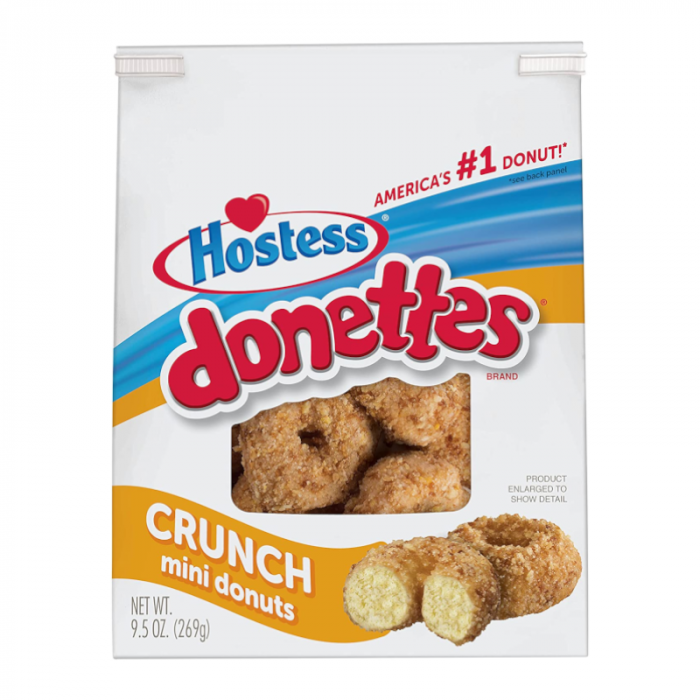 Front of Hostess Crunch Mini Donettes Share Bag showing brand logo, label text, and image of mini donuts (269g pack)