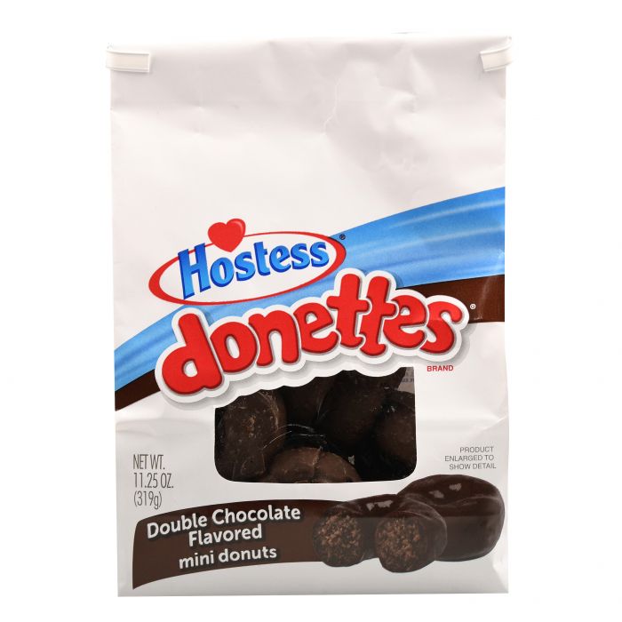 Front of Hostess Double Chocolate Mini Donettes Share Bag showing the logo, double chocolate flavour label, and mini donuts (305g pack)