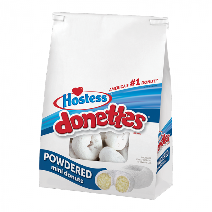 Front of Hostess Powdered Sugar Mini Donettes Share Bag showing white bag with red and blue logo, image of mini donuts, and powdered sugar coating (284g)