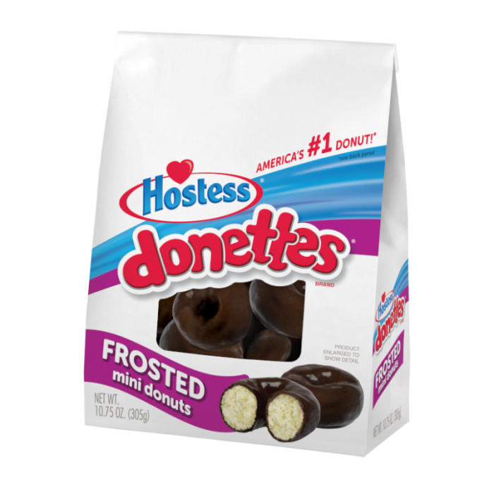 Front of Hostess Frosted Chocolate Mini Donettes Share Bag showing logo, frosted chocolate donuts, and pack size (305g)