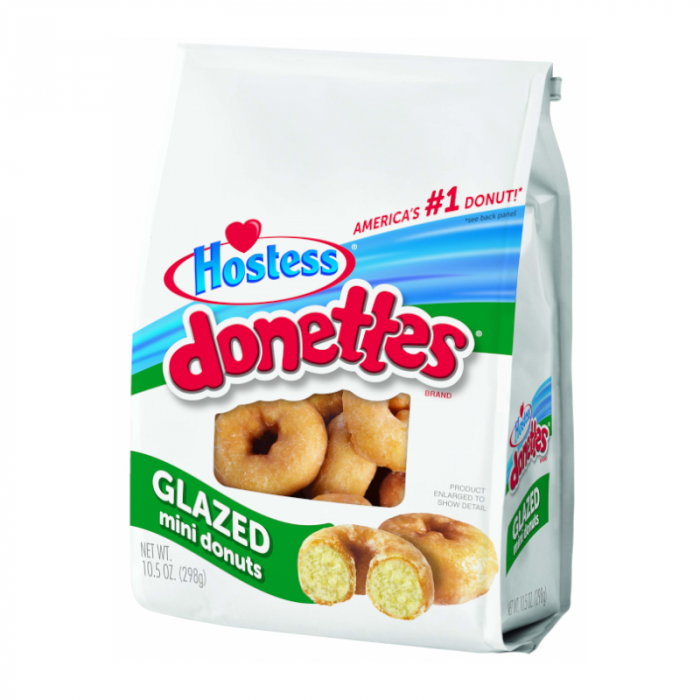 Front of Hostess Glazed Mini Donettes Share Bag showing the brand logo, glazed mini donuts, and 298g pack size.