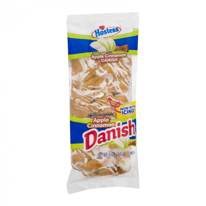 Front of Hostess Iced Apple Cinnamon Danish package featuring the blue logo, apple cinnamon flavour label, and icing decoration (142g pack)