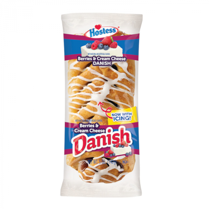Front of Hostess Iced Berries & Cream Cinnamon Danish packaging showing logo, ice icing details, and pastry imagery (142g pack)