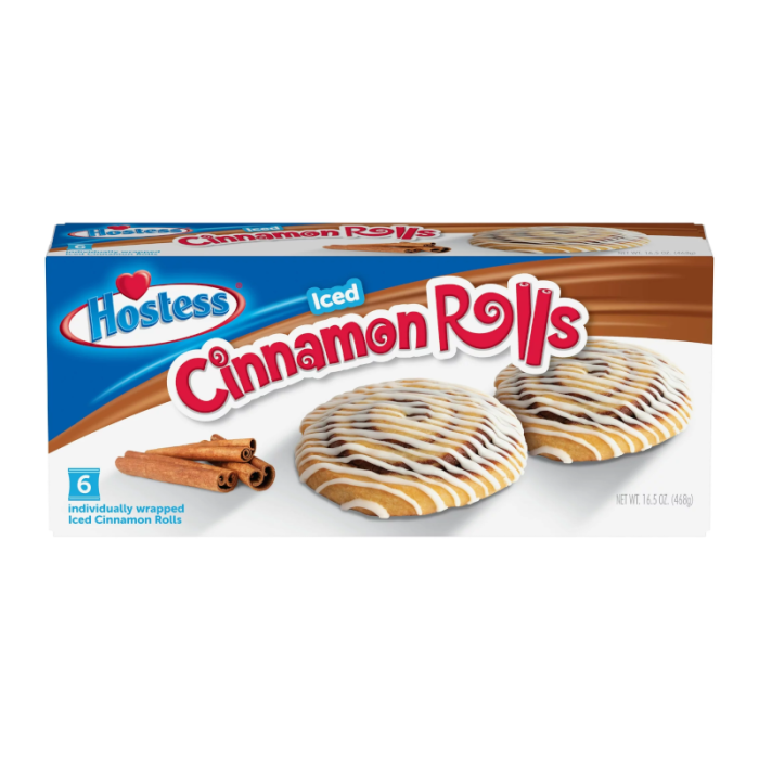 Front of Hostess Iced Cinnamon Rolls box showing the brand logo, icing-covered cinnamon rolls, and pack size of 6 (468g)