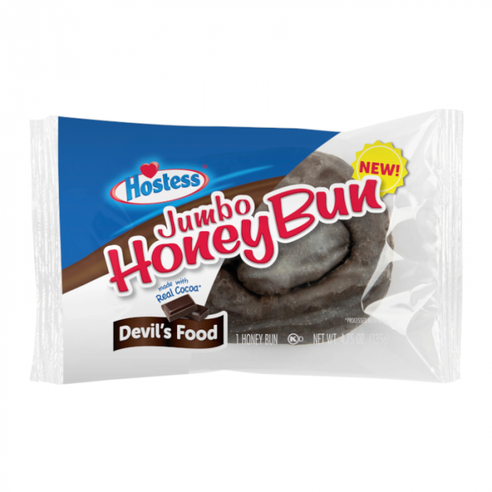 Front of Hostess Jumbo Devil's Food Honey Bun packaging showing the logo, product name, and devil's food flavour (113g)