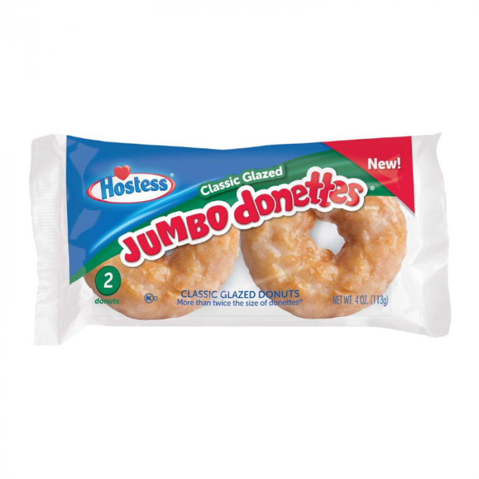Front of Hostess Classic Glazed Jumbo Donettes 2 Pack showing logo, jumbo donuts, and packaging details (113g pack)