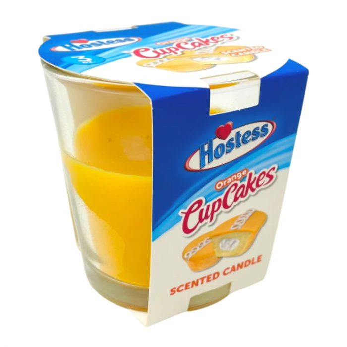 Front of Hostess Orange Cupcake Scented Candle showing logo, orange flavour, and pack size (85g)