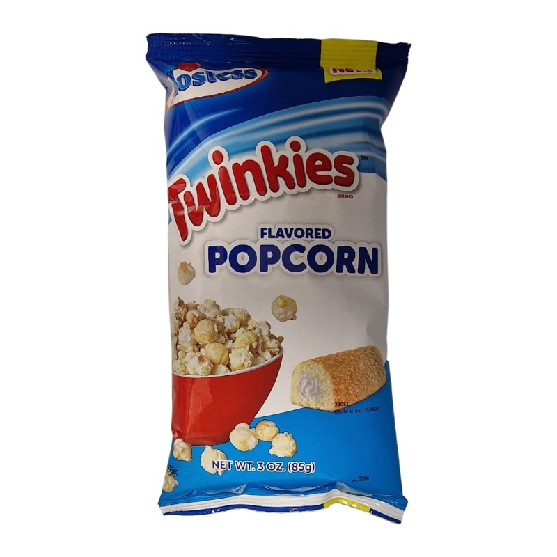 Front of Hostess Twinkies Flavoured Popcorn bag featuring the logo, colourful popcorn image, and 85g pack size