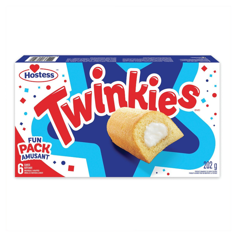 Front of Hostess Twinkies 6 Pack showing the logo, fun packaging design, individual cake image, and the pack size (202g)