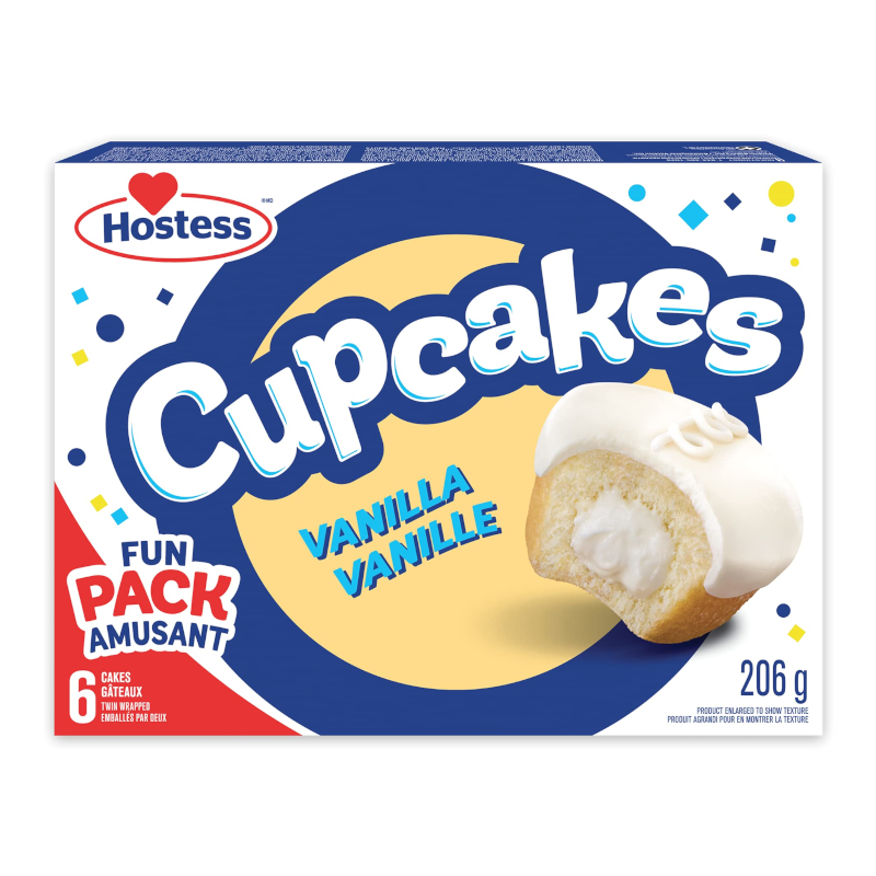 Front of Hostess Vanilla Cupcakes box showing the logo, vanilla flavour text, and 6 cupcakes image (206g pack)