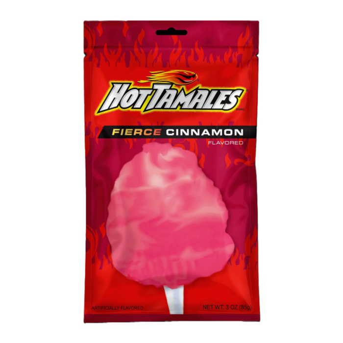 Front of Hot Tamales Cotton Candy bag displaying bright red design, fierce cinnamon flavour label, and fluffy cotton candy (85g pack)