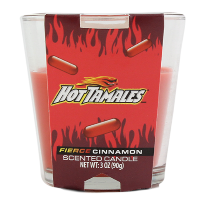 Front of Hot Tamales Scented Candle featuring fierce cinnamon label, vibrant red design, and glass jar (90g)