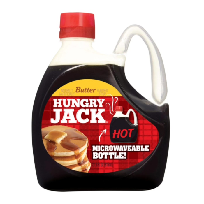 Front of Hungry Jack Butter Flavoured Pancake Syrup bottle showing logo, butter flavour label, and pancakes with syrup (816ml pack)
