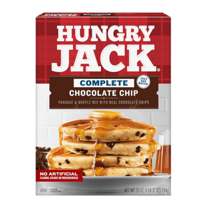 Front of Hungry Jack Complete Chocolate Chip Pancake & Waffle Mix box showing logo, chocolate chip flavour details, and image of stacked pancakes with syrup (794g pack)