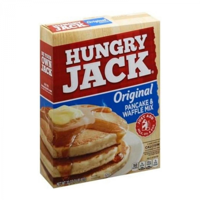 Front of Hungry Jack Original Pancake & Waffle Mix box showing bold red logo, pancake and waffle imagery, and 909g pack size