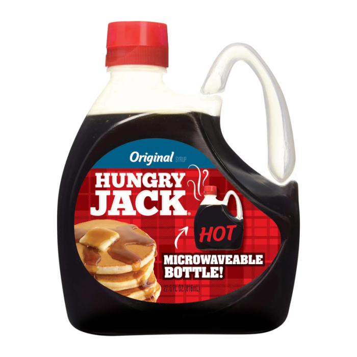 Front of Hungry Jack Original Pancake Syrup bottle featuring the logo, 'Microwaveable Bottle!' label, and pancakes with syrup (816ml pack)
