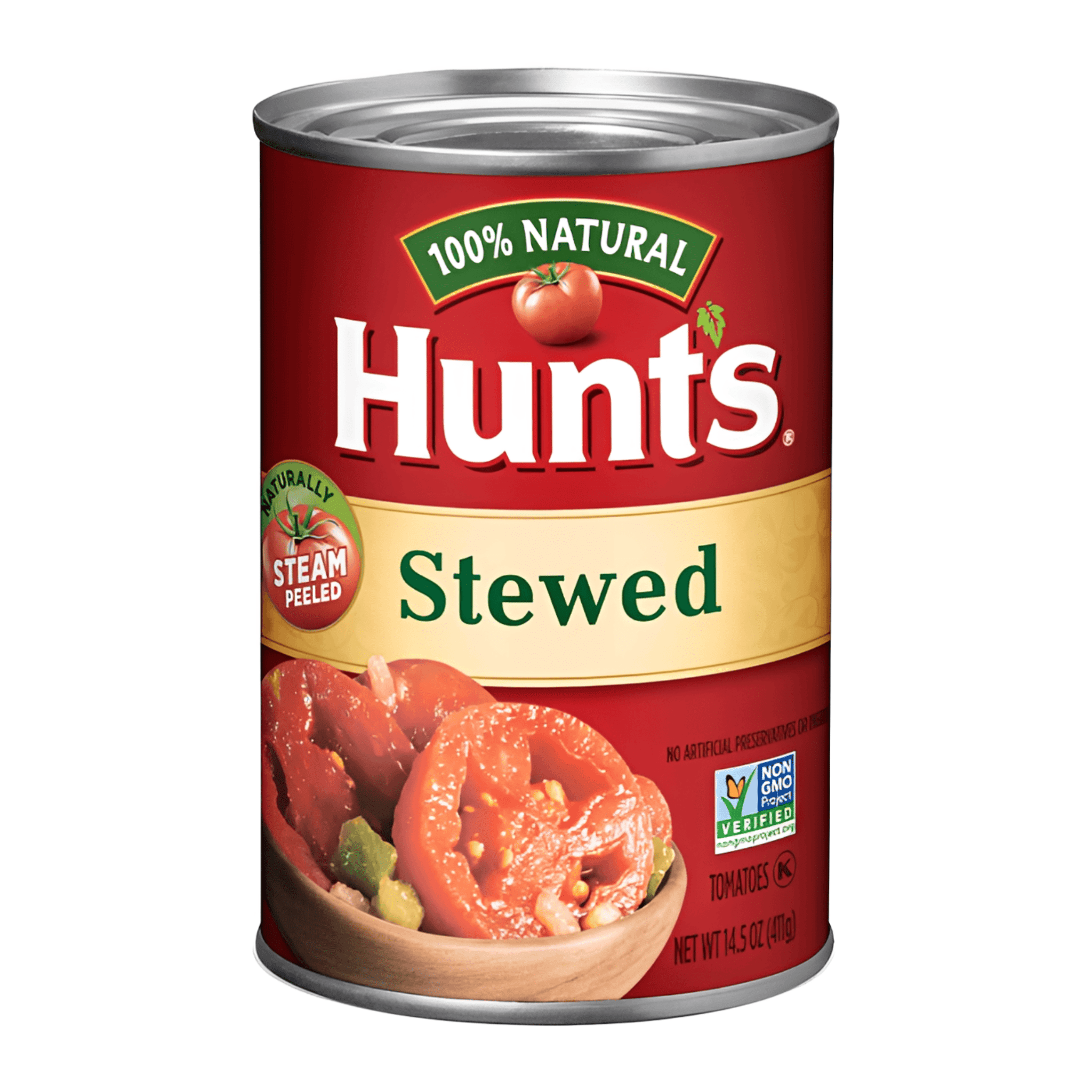 Front of Hunts Stewed Tomatoes can showing logo and image of stewed tomatoes in a bowl (411g pack)