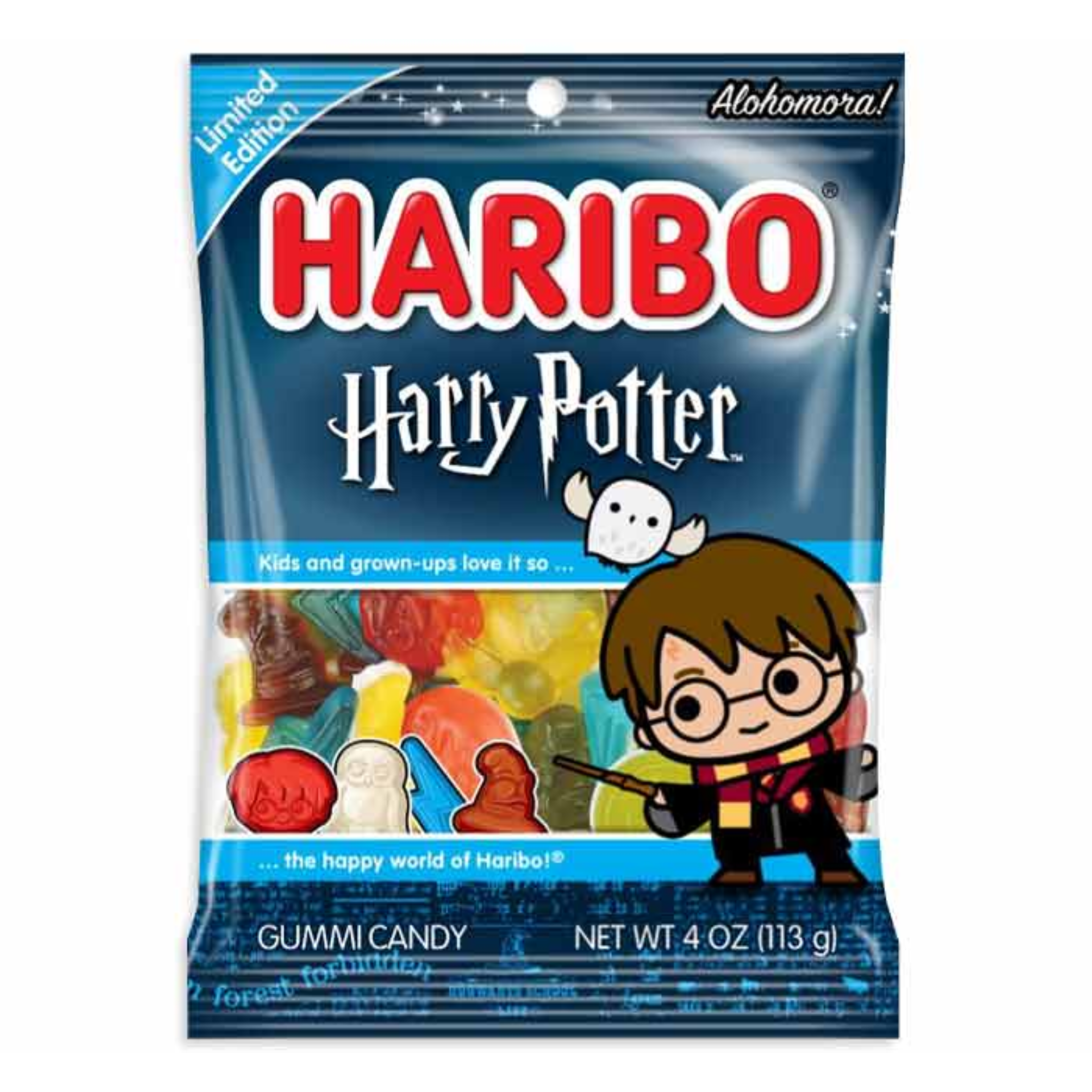 Front of Haribo Harry Potter gummy candy bag featuring colourful candies, iconic shapes, and the product title (113g pack)