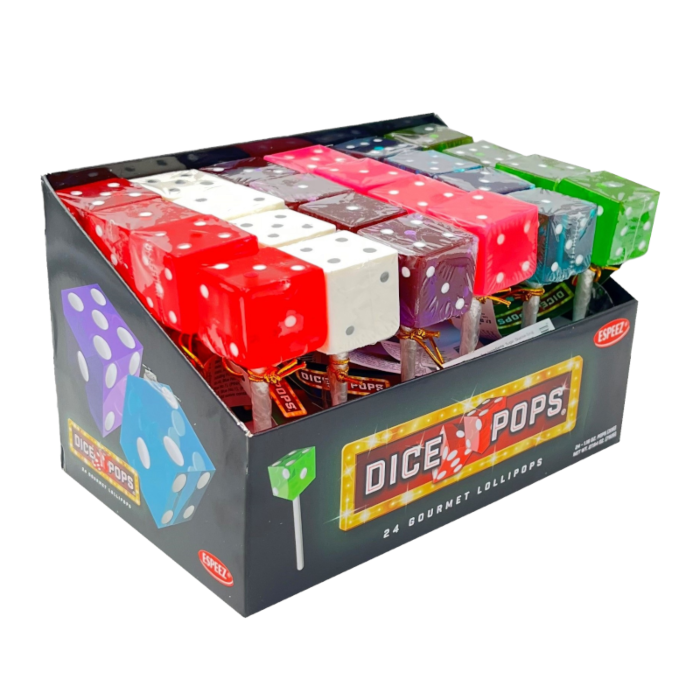 Front of Espeez Dice Pops Blue packaging showing a playful blue lollipop shaped like a die with vibrant colours and 33g label.