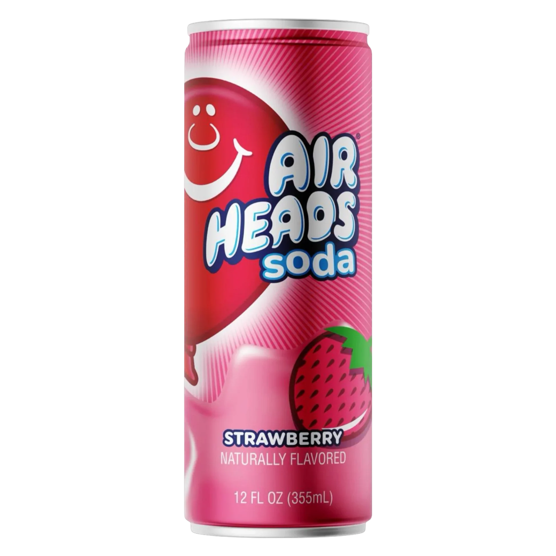 Front of Airheads Soda Strawberry can featuring the brand logo, vibrant strawberry design, and 355ml size