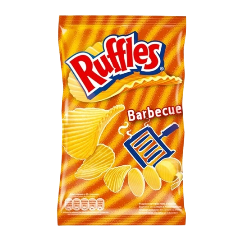 Front label of Ruffles Barbecue (140g), displaying flavour and branding.