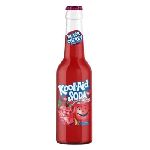 Front label of Kool Aid Soda Black Cherry (355ml), displaying flavour and branding.