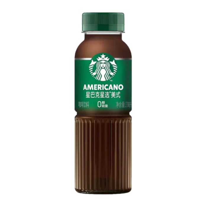 Front of Starbucks Americano Latte bottle featuring logo, Americano flavour label, and 270ml pack size