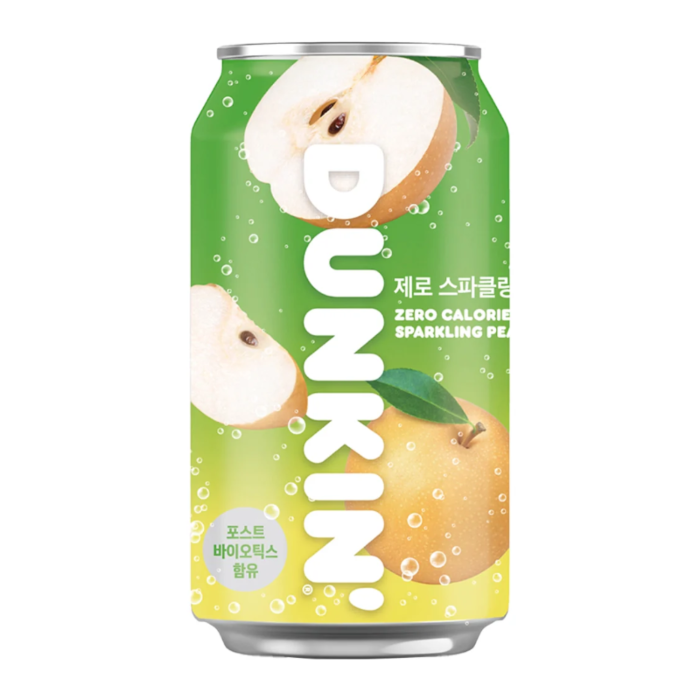 Front of Dunkin' Sparkling Pear Zero Sugar can featuring green design, pear graphics, and logo (350ml)