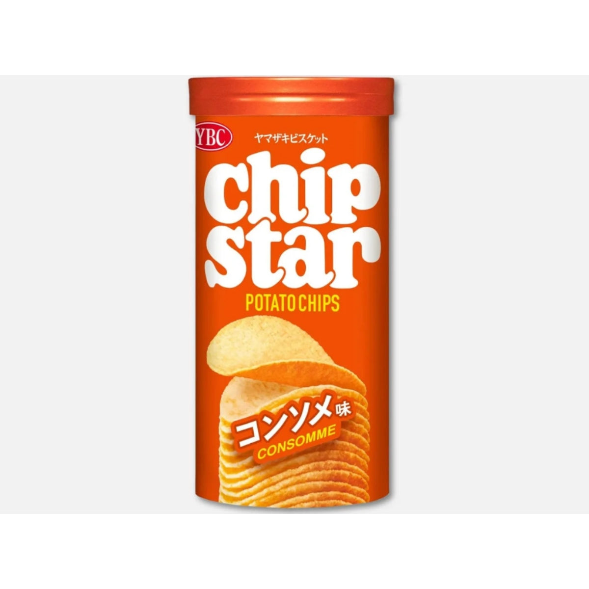 Front of a YBC Chip Star Potato Chips Consomme pack showing the logo and a vibrant orange design with potato chips image (45g)