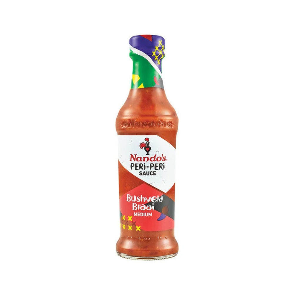 Front of Nandos Bushveld Braai Sauce Medium bottle displaying the logo and vibrant label (250g)