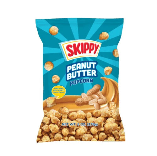 Front of Skippy Peanut Butter Popcorn bag showing logo, peanut butter flavour, and popcorn imagery (170g pack)