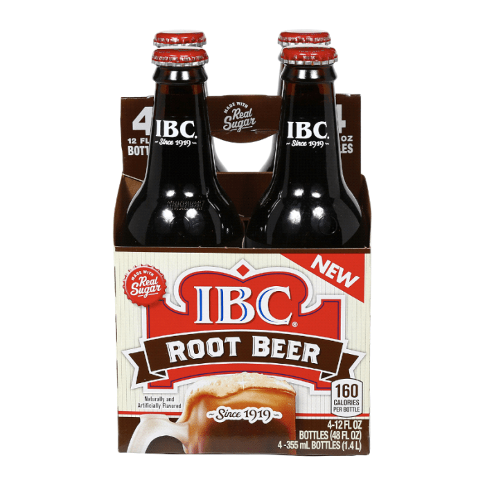 Front of IBC Root Beer 355ml (4 Pack) showing logo and image of root beer with cream, available in four 355ml bottles