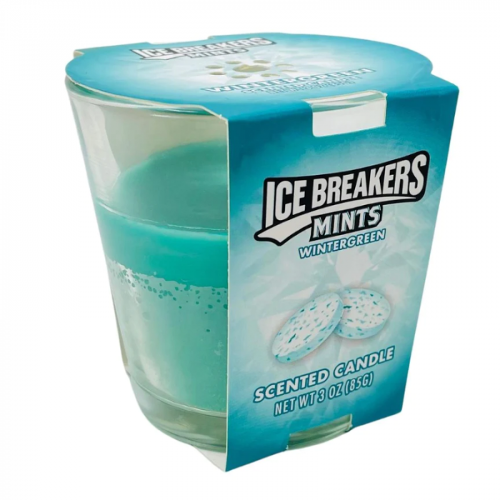 Front of Ice Breakers Wintergreen Scented Candle jar showing logo, wintergreen label, and clear candle (85g)