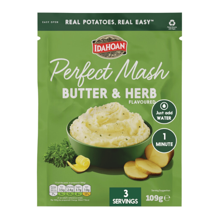 Front of Idahoan Perfect Mash Butter & Herb packet showing green packaging, logo, and creamy mashed potatoes with herbs (109g pack)