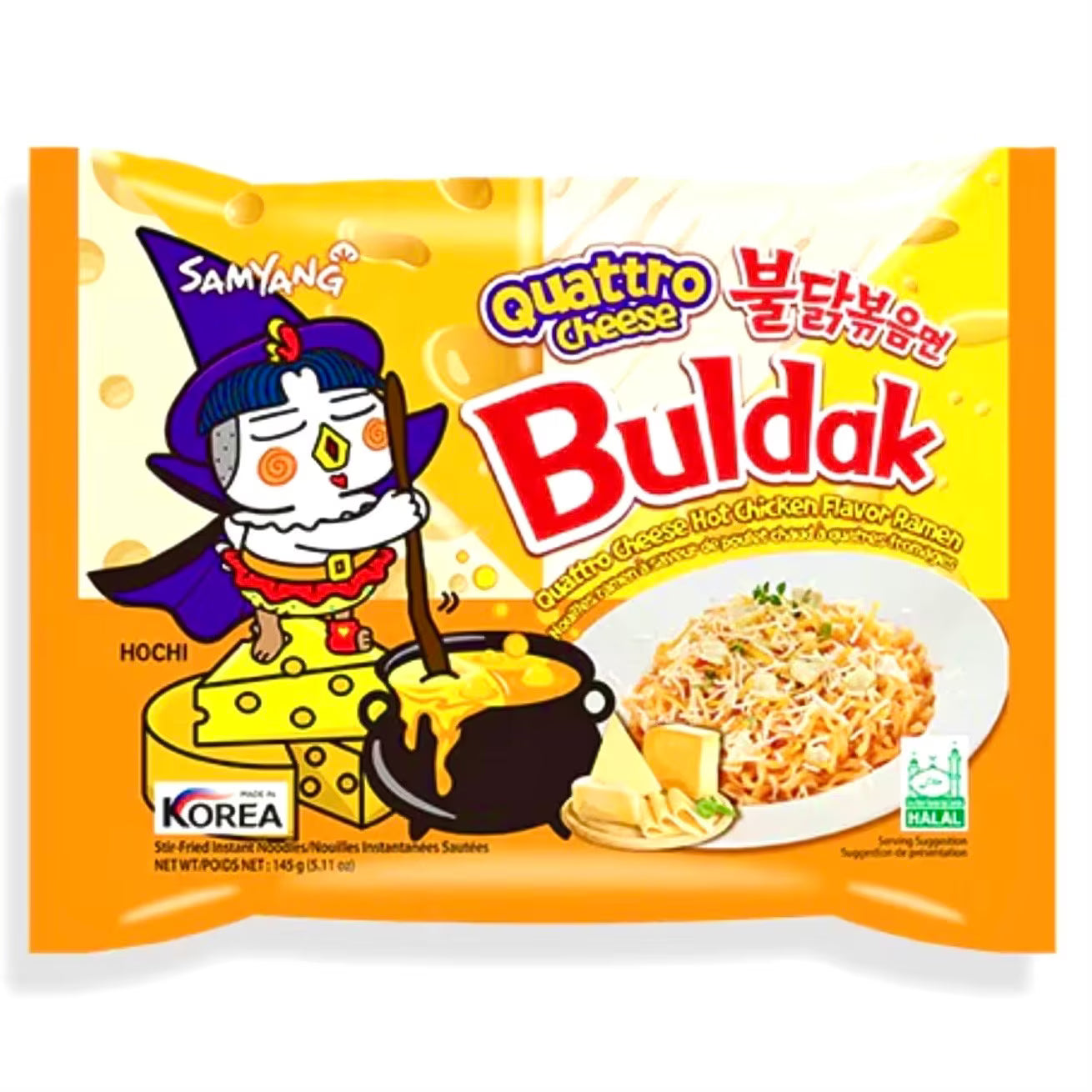 Front of Samyang Buldak Quattro Four Cheese Hot Chicken Ramen Noodles package showing colourful label, character design, and cheese theme (130g)
