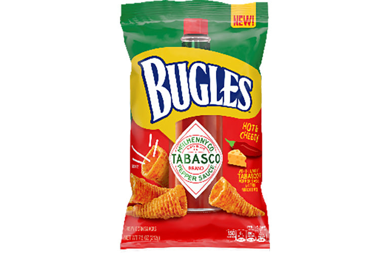 Front of Bugles Tabasco Flavour bag featuring bold logo and Tabasco branding with chili pepper graphics (150g pack)