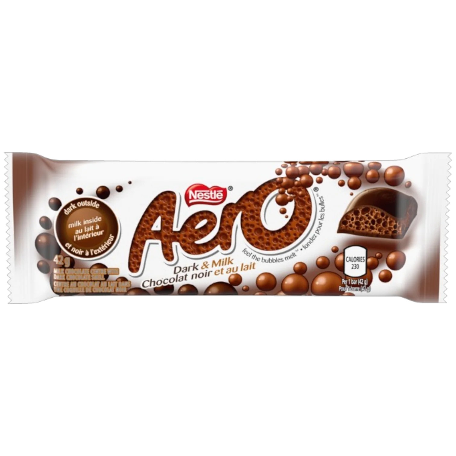 Front of Aero Dark & Milk Chocolate bar showing the Aero logo and the dark and milk chocolate design (42g pack)