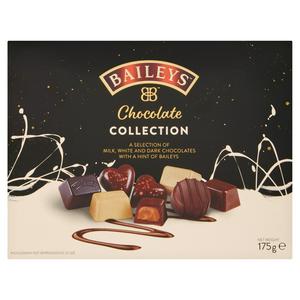 Front of Bailey's Collection box showcasing a selection of milk, white, and dark chocolates with Baileys flavour (175g pack)