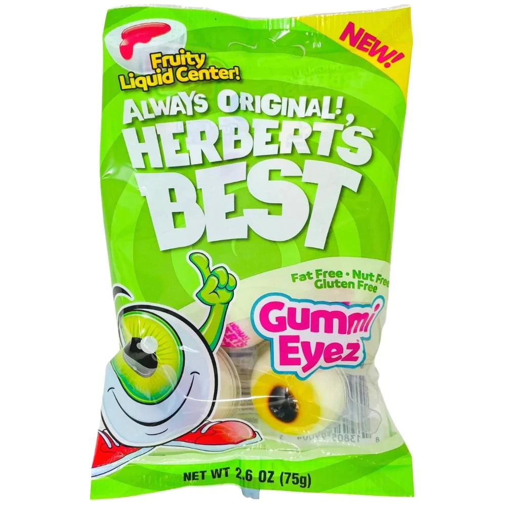 Front of Herbert's Gummi Eyez bag showing vibrant green package, gummi candy with fruity liquid centre, and 75g pack size