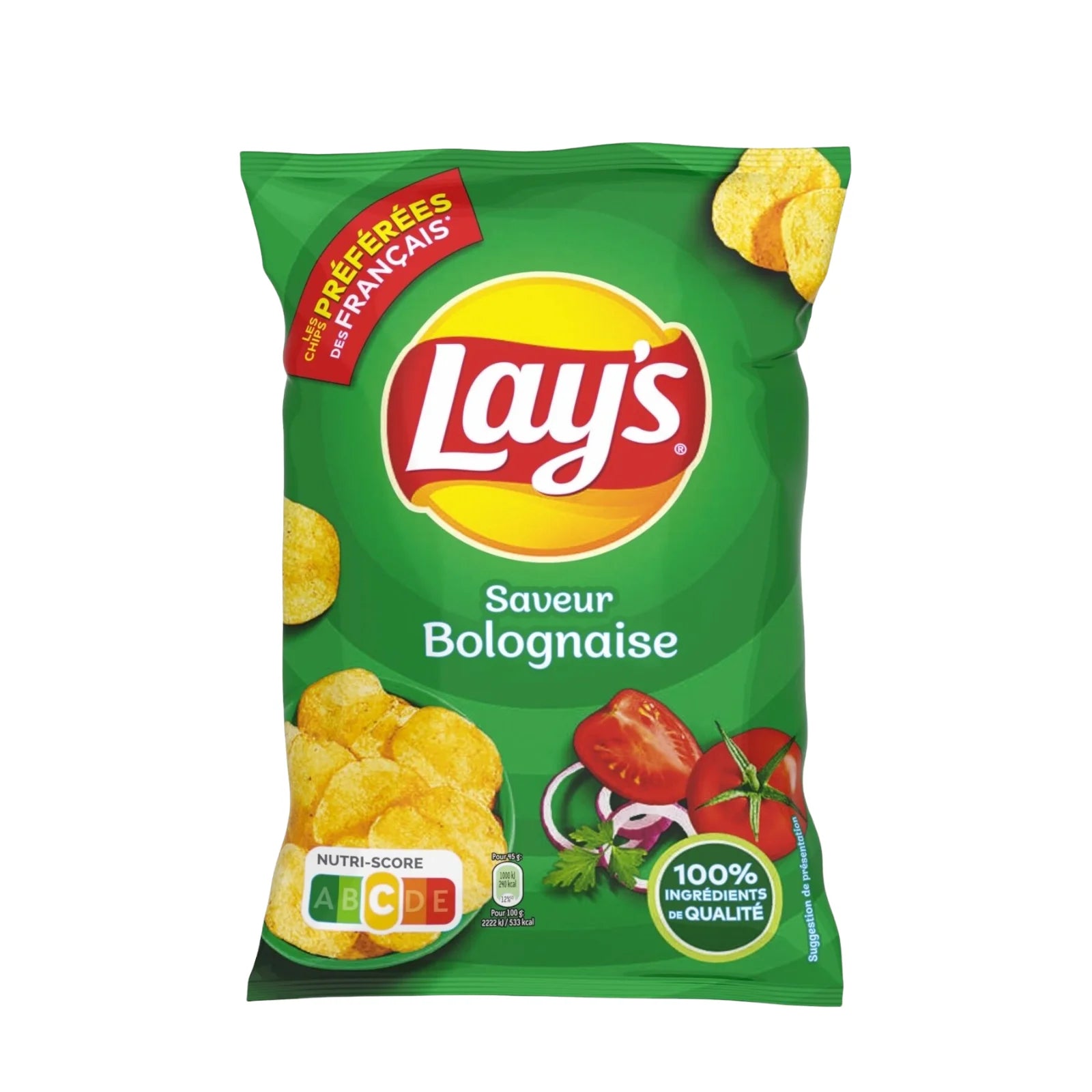 Front of Lay's Bolognaise bag featuring the logo, Bolognaise flavour label, and vibrant images of tomatoes and vegetables (135g pack)