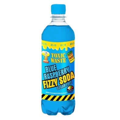 Front of Toxic Waste Sour Blue Raspberry Fizzy Soda bottle showing the vibrant blue label, logo, and fizzy soda details (500ml pack)