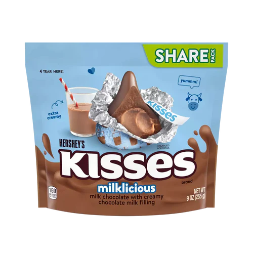 Front of Hershey's Kisses Milklicious Share Pack showing smooth milk chocolate kisses with creamy chocolate filling (255g pack)