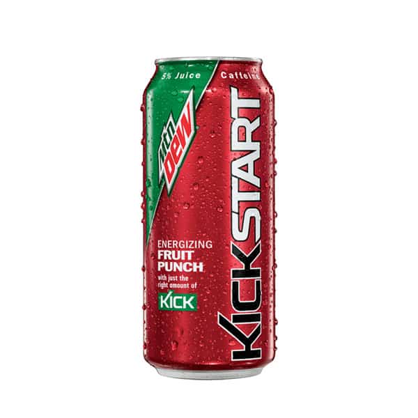 Front of Mountain Dew Kickstart Fruit Punch can showing red design, logo, and energising fruit punch label (473ml pack)