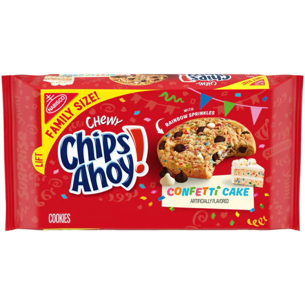 Front of Chips Ahoy! Chewy Confetti Cake packaging displaying the brand logo, confetti cake cookie image with rainbow sprinkles, and the 407g size.