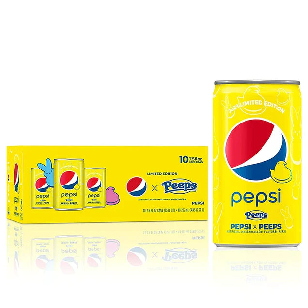 Front of Pepsi Peeps Limited Edition case showing yellow packaging, logo, and marshmallow flavour details (case of 10 cans, 220ml each)