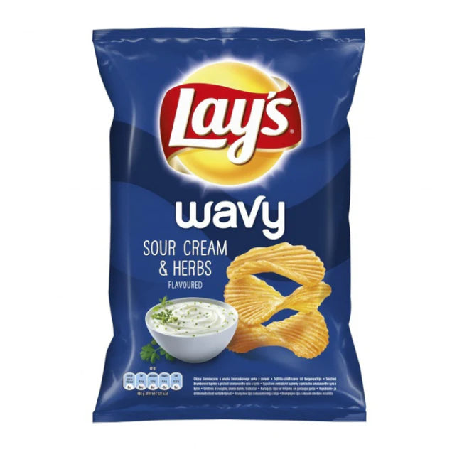 Front of Lay's Wavy Sour Cream & Herbs bag featuring bold logo, wavy crisps, and sour cream and herbs imagery (120g pack)